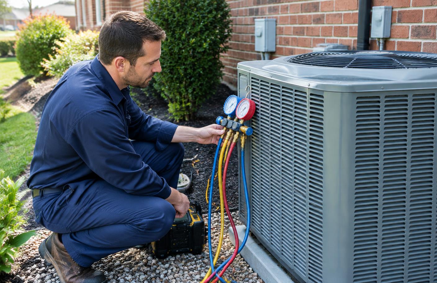 Technician testing an outdoor air conditioning condenser