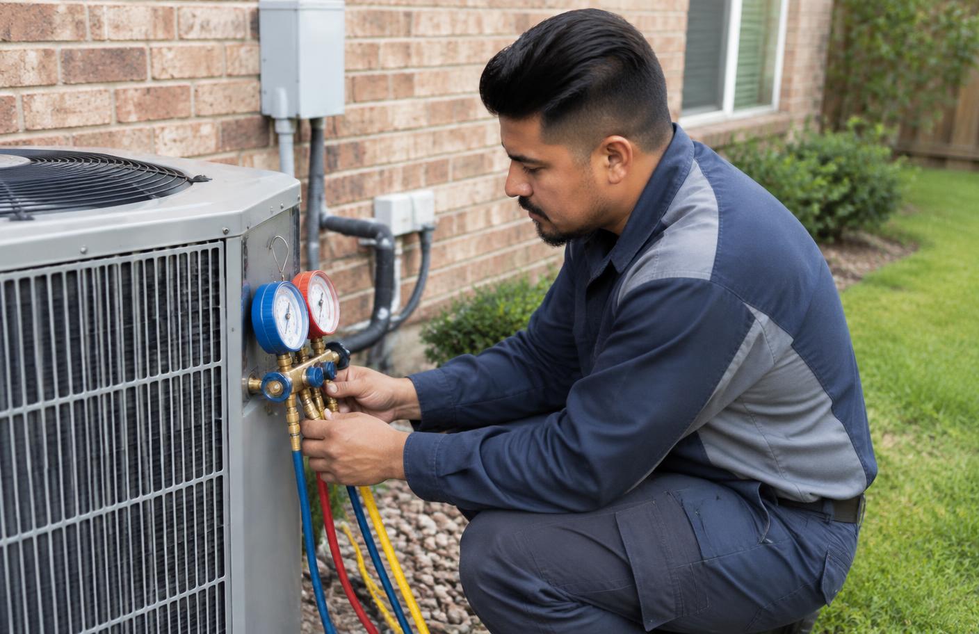 Technician connecting refrigerant gauges to an outdoor heat pump