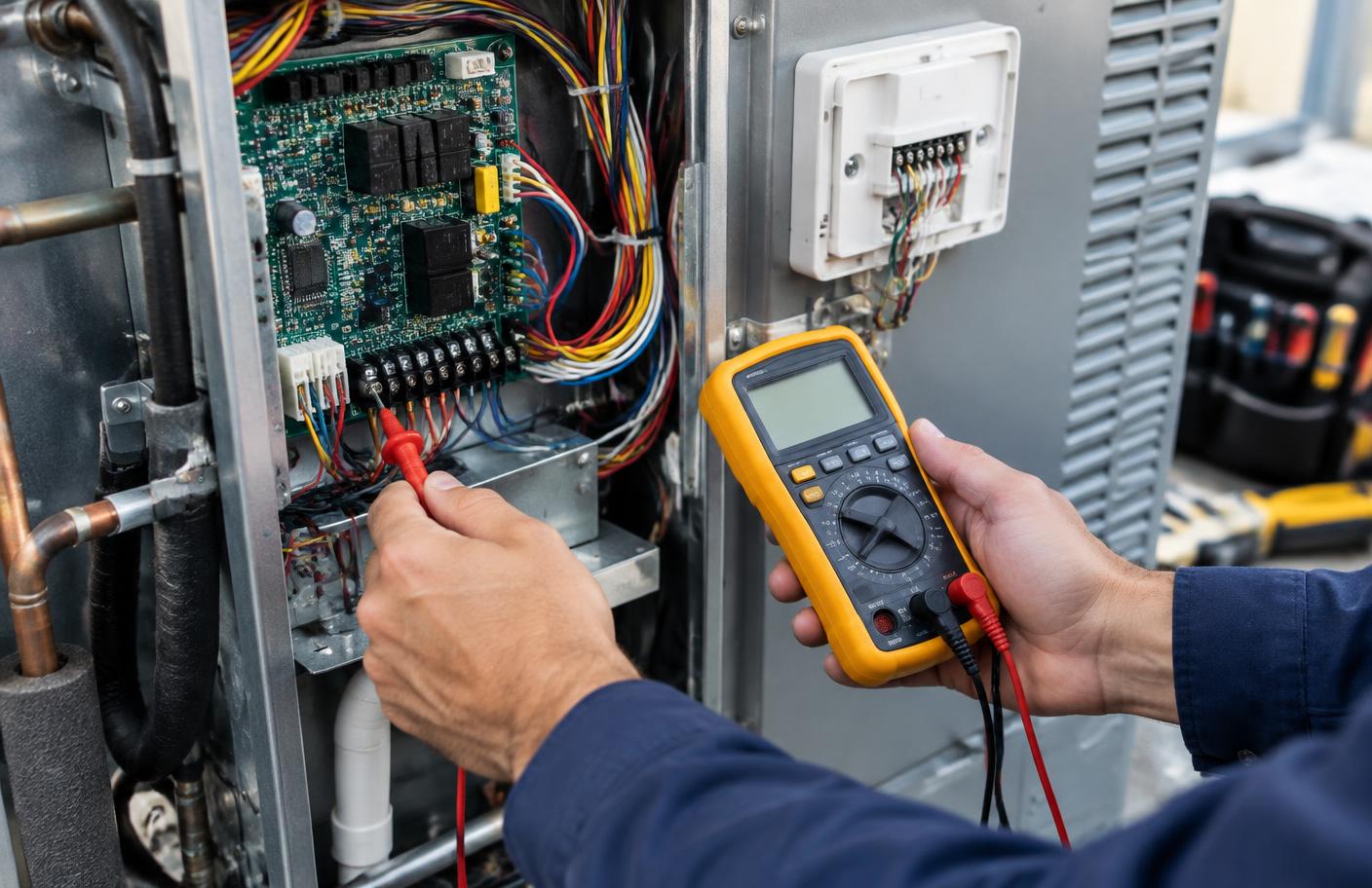 Technician measuring HVAC electrical controls with a multimeter