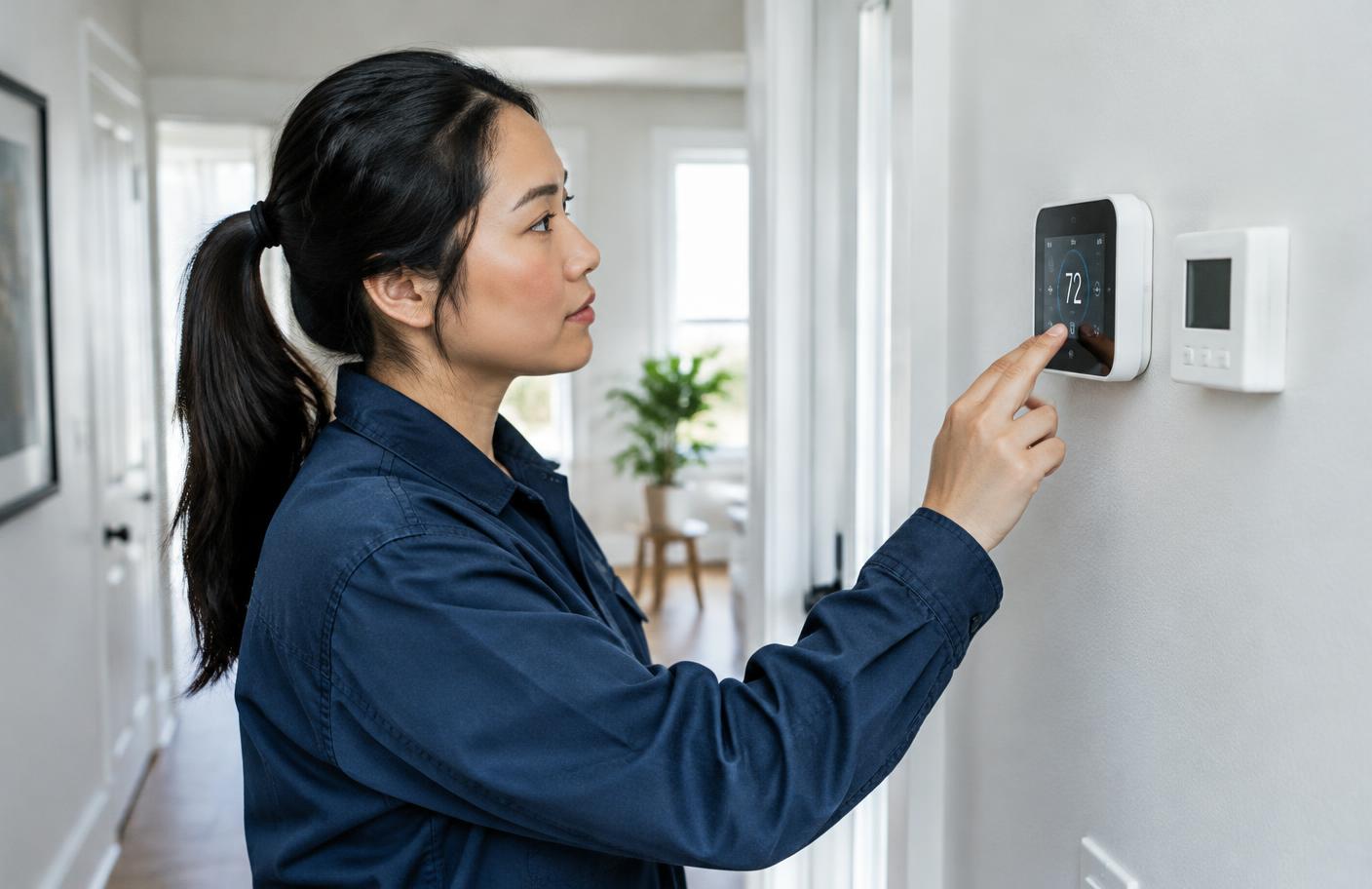 Technician adjusting a wall-mounted digital thermostat